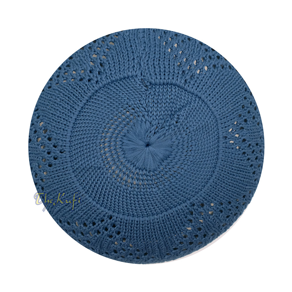 Topi Kufi Tenun Terbuka Berlian Biru Indigo Polos Desain Elastis 100% Nilon