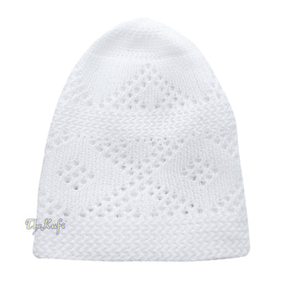 Plain White Diamond Open Weave Design Stretchable 100% Nylon Interwoven Kufi Cap