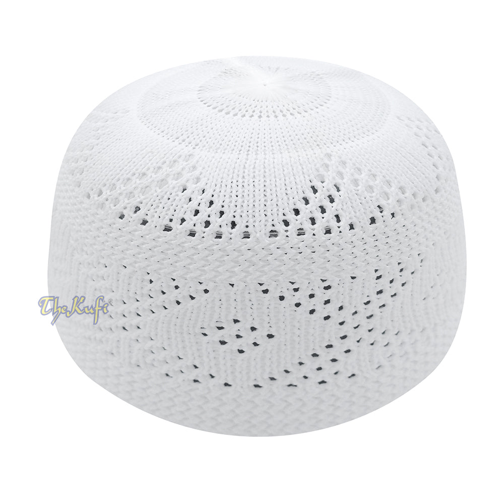 Plain White Diamond Open Weave Design Stretchable 100% Nylon Interwoven Kufi Cap