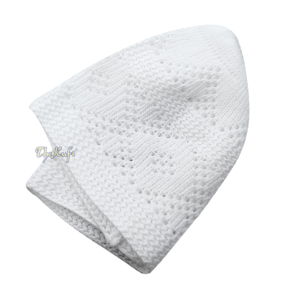 Plain White Diamond Open Weave Design Stretchable 100% Nylon Interwoven Kufi Cap