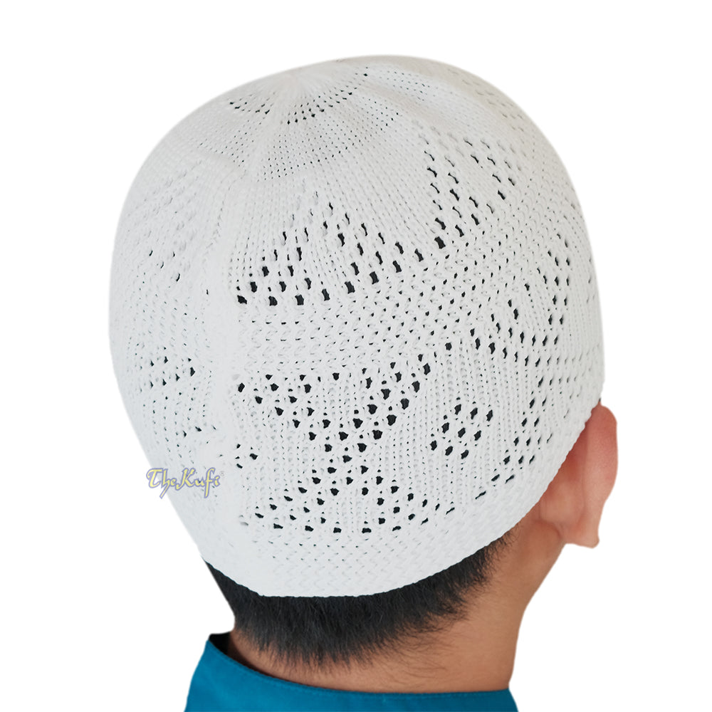 Plain White Diamond Open Weave Design Stretchable 100% Nylon Interwoven Kufi Cap