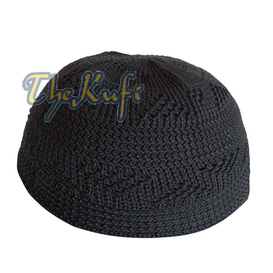 Black Skull Cap Nylon Kufi – Vertical Zigzag Interwoven Design Prayer Hat