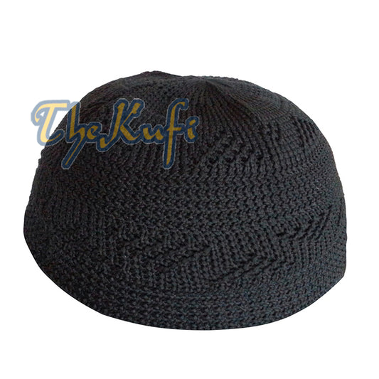 Black Skull Cap Nylon Kufi - Vertical Zigzag Interwoven Design Prayer Hat