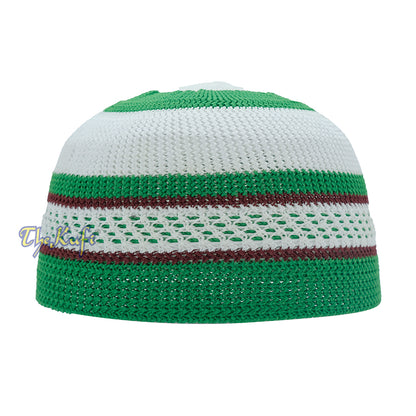 Nylon Kufi – White Green Dark Brown Stripes 3-Color Knit Skullcap Skullie Topi Cap