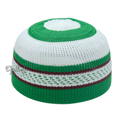 Nylon Kufi – White Green Dark Brown Stripes 3-Color Knit Skullcap Skullie Topi Cap