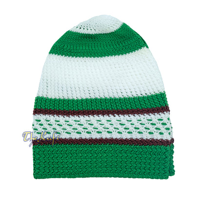 Nylon Kufi – White Green Dark Brown Stripes 3-Color Knit Skullcap Skullie Topi Cap