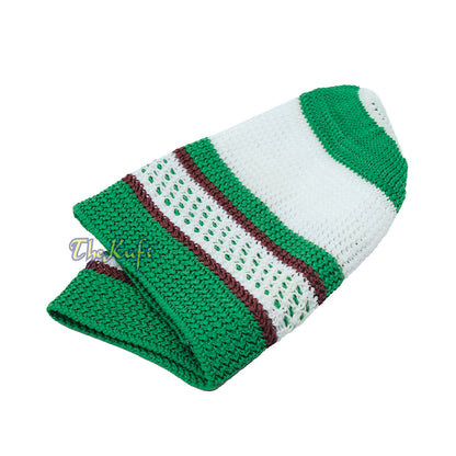 Nylon Kufi – White Green Dark Brown Stripes 3-Color Knit Skullcap Skullie Topi Cap