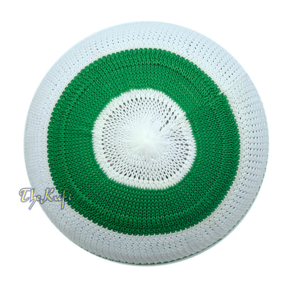 Nylon Kufi - White Green Dark Brown Stripes 3-Color Knit Skullcap Skullie Topi Cap