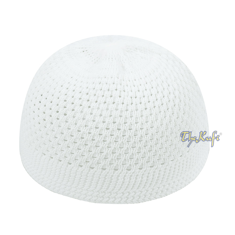 White knitted Islamic prayer cap (kufi) with breathable mesh pattern.