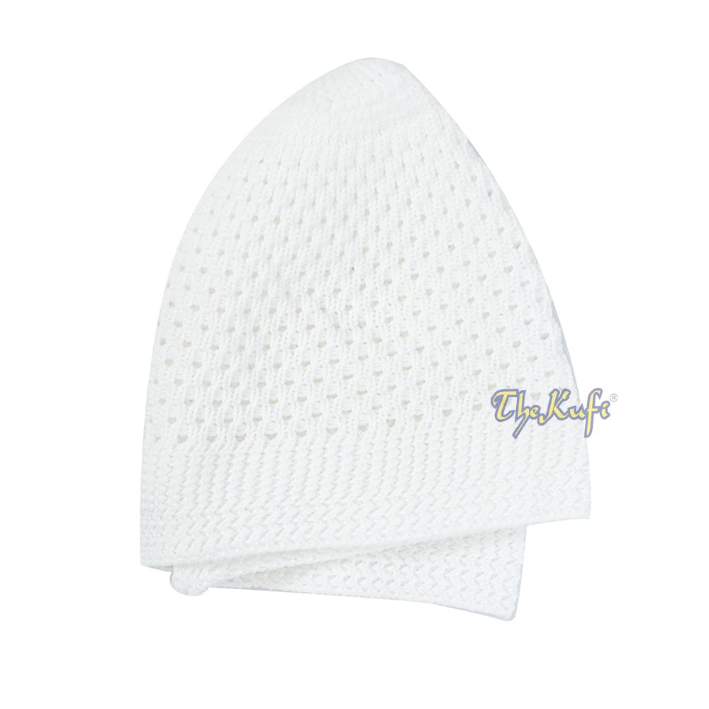 White knitted Islamic prayer cap (kufi) with breathable mesh pattern.