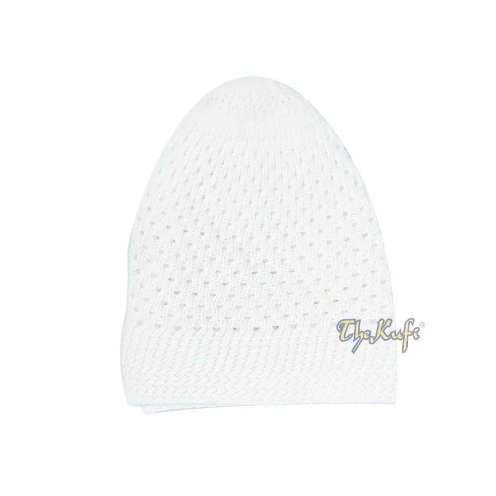 White knitted Islamic prayer cap (kufi) with breathable mesh pattern.
