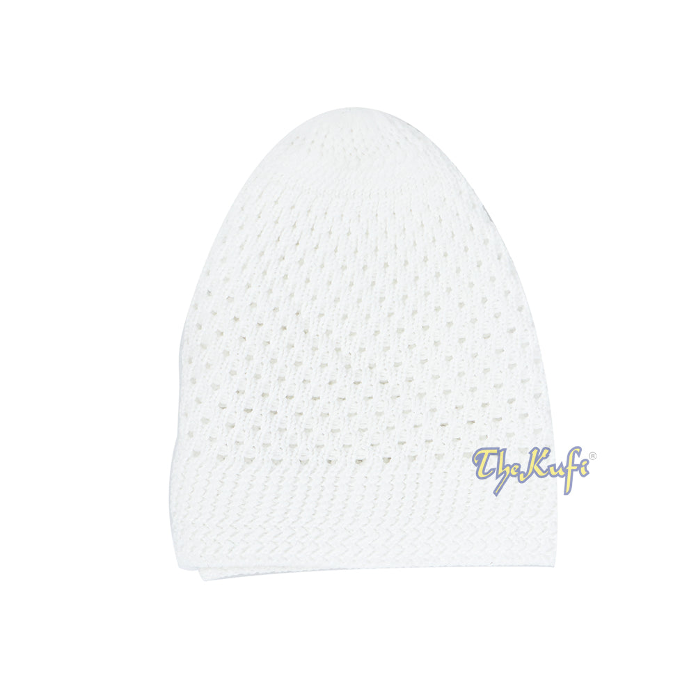 White knitted Islamic prayer cap (kufi) with breathable mesh pattern.