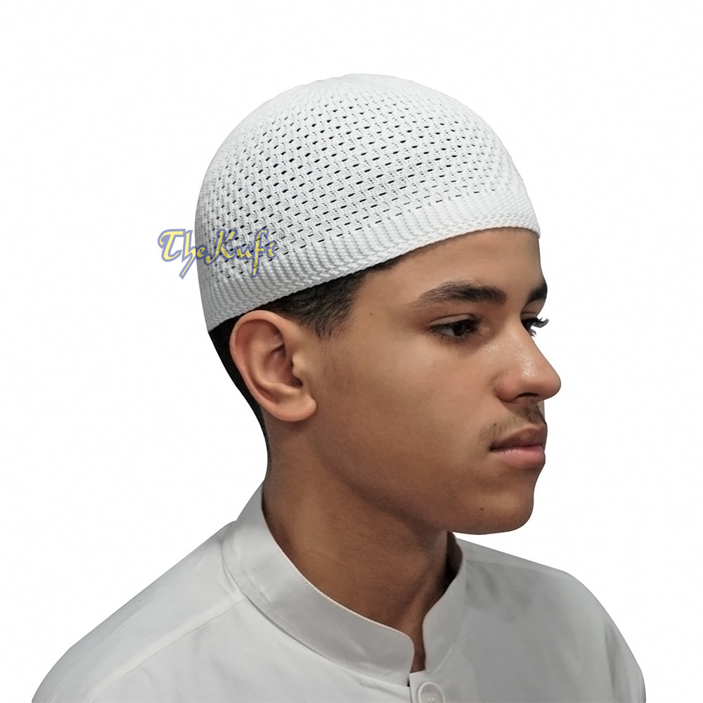 White Kufi Hat - Hand Crocheted 100% Cotton, Tight & Loose Weave Mix, Prayer Cap For Men, Adjustable Sizing