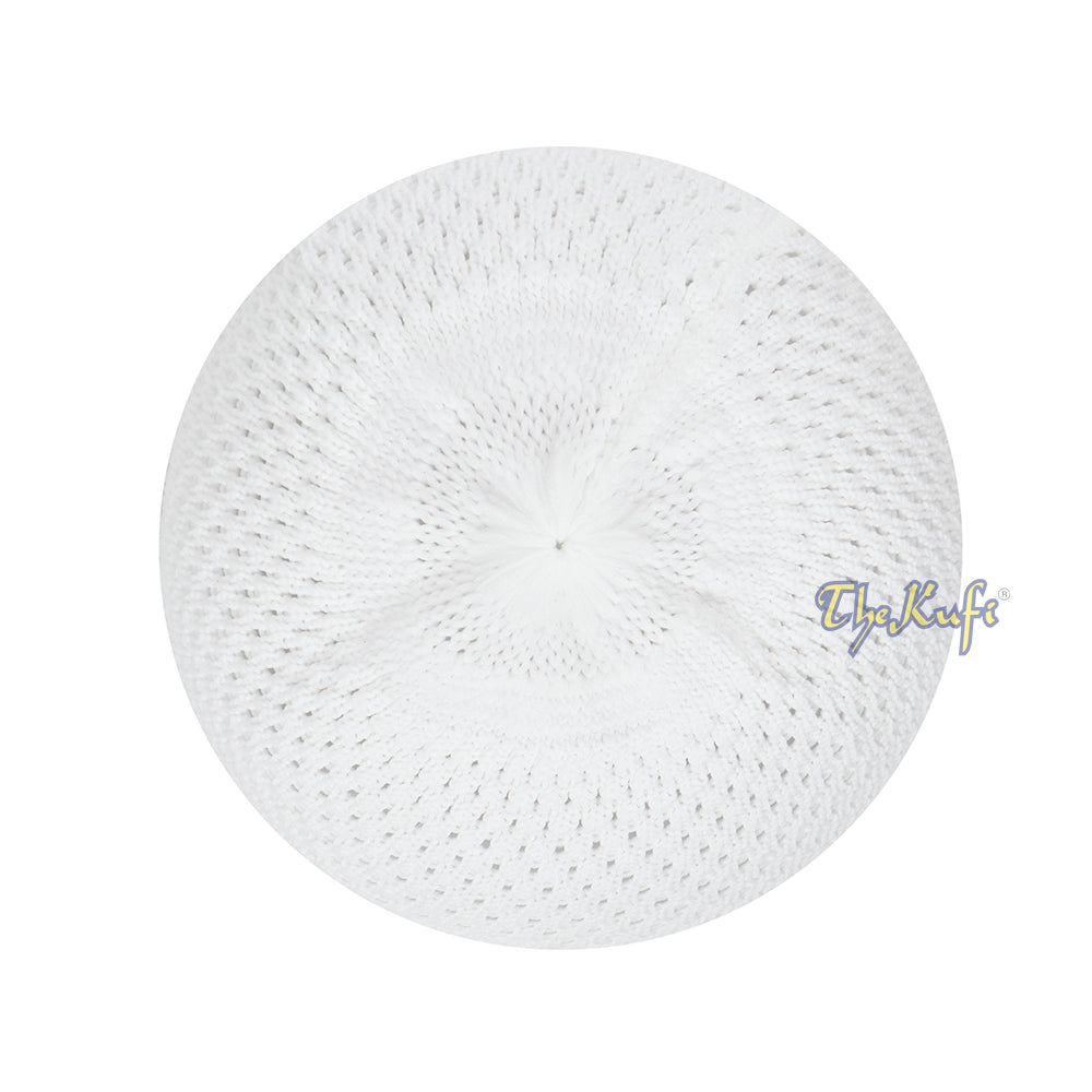 White knitted Islamic prayer cap (kufi) with breathable mesh pattern.