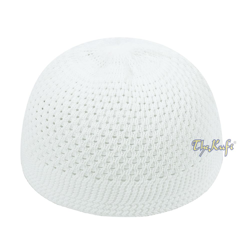 White knitted Islamic prayer cap (kufi) with breathable mesh pattern.
