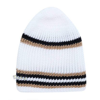 Topi Tengkorak Elastis Nilon Putih Lembut dengan Garis Hitam Coklat