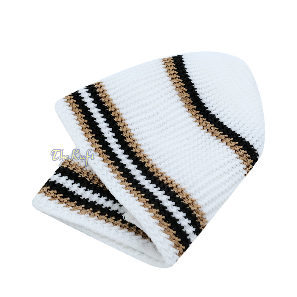 Topi Tengkorak Elastis Nilon Putih Lembut dengan Garis Hitam Coklat