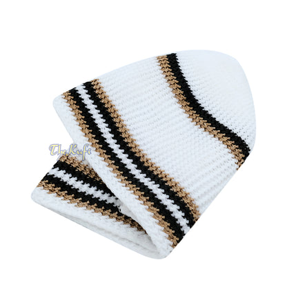 Topi Tengkorak Elastis Nilon Putih Lembut dengan Garis Hitam Coklat