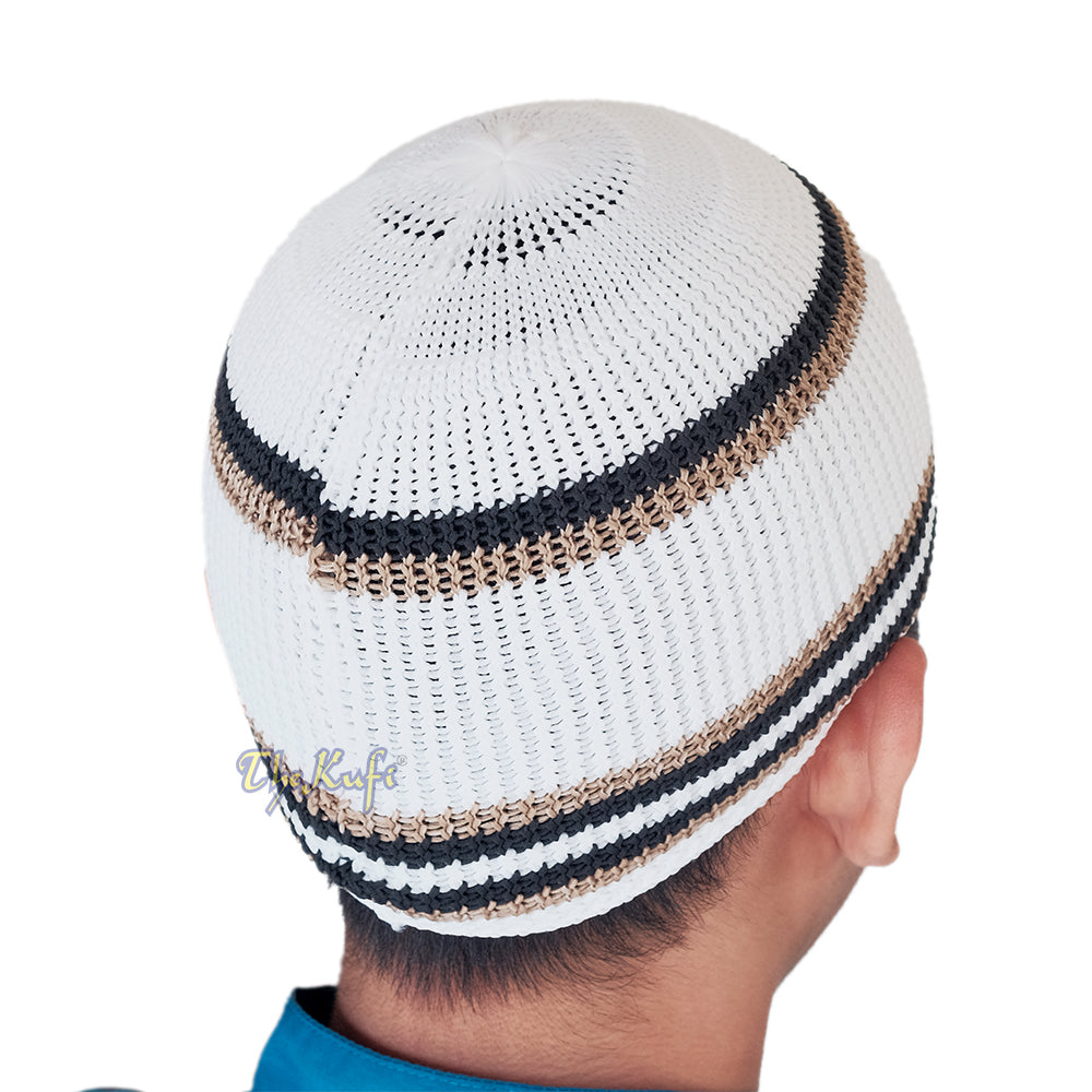 Topi Tengkorak Elastis Nilon Putih Lembut dengan Garis Hitam Coklat