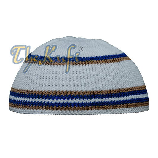 White Nylon Kufi With Blue & Brown