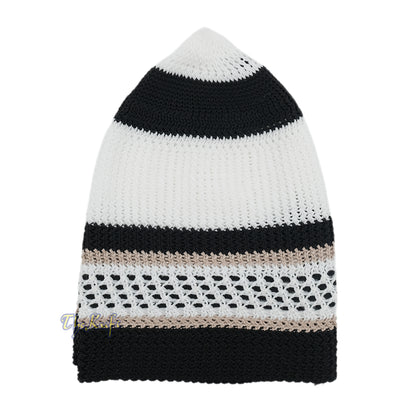 White Black with Brown Stripes Nylon Stretchy Beanie Kufi Topi Skull Cap