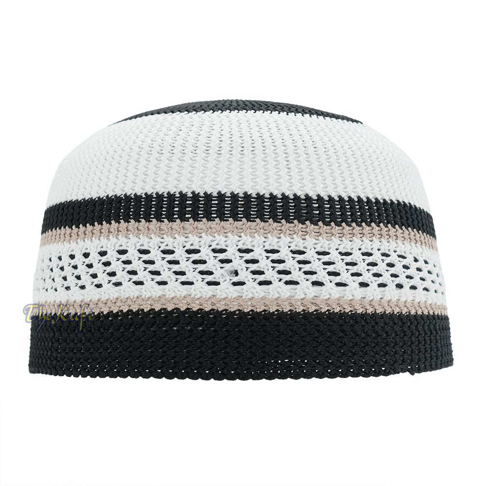 White Black with Brown Stripes Nylon Stretchy Beanie Kufi Topi Skull Cap
