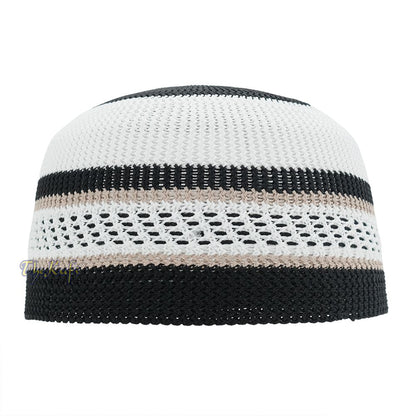 White Black with Brown Stripes Nylon Stretchy Beanie Kufi Topi Skull Cap