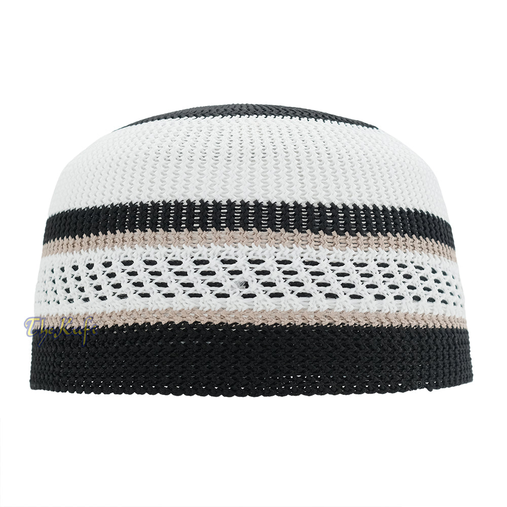 White Black with Brown Stripes Nylon Stretchy Beanie Kufi Topi Skull Cap