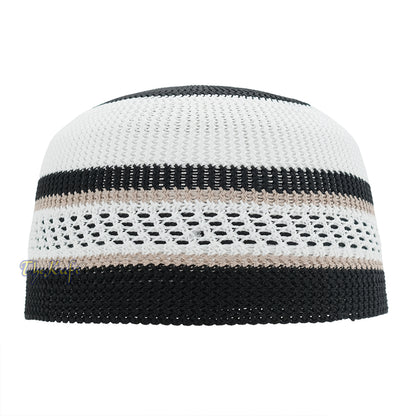 White Black with Brown Stripes Nylon Stretchy Beanie Kufi Topi Skull Cap
