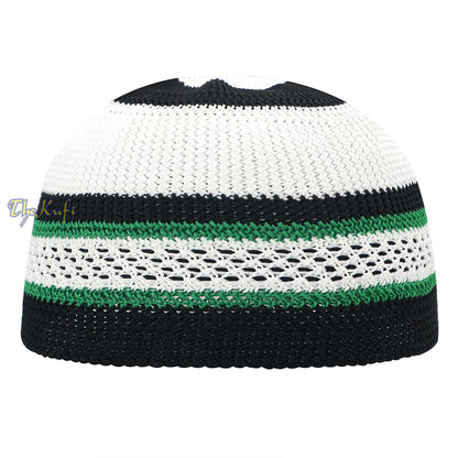 Topi Kufi Melar Nilon Garis-garis Hijau Hitam Putih Topi Muslim Topi Tengkorak