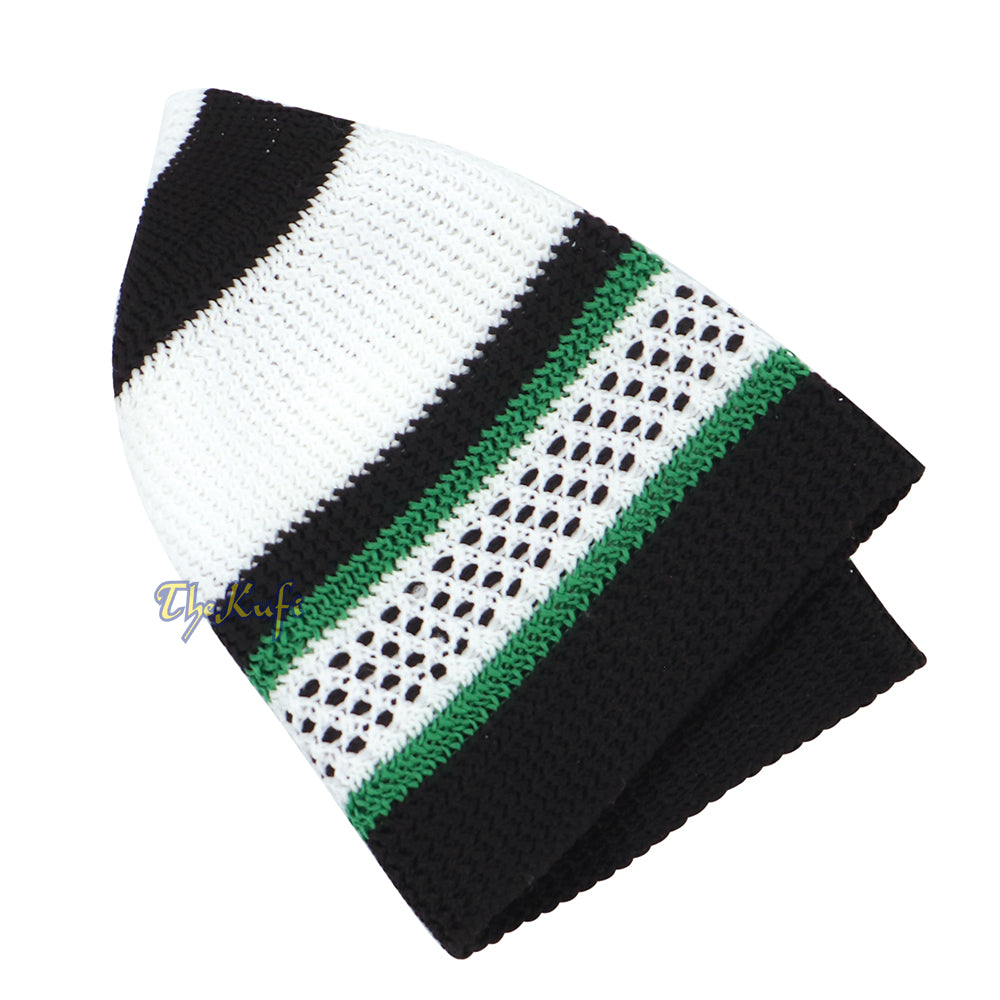 Topi Kufi Melar Nilon Garis-garis Hijau Hitam Putih Topi Muslim Topi Tengkorak