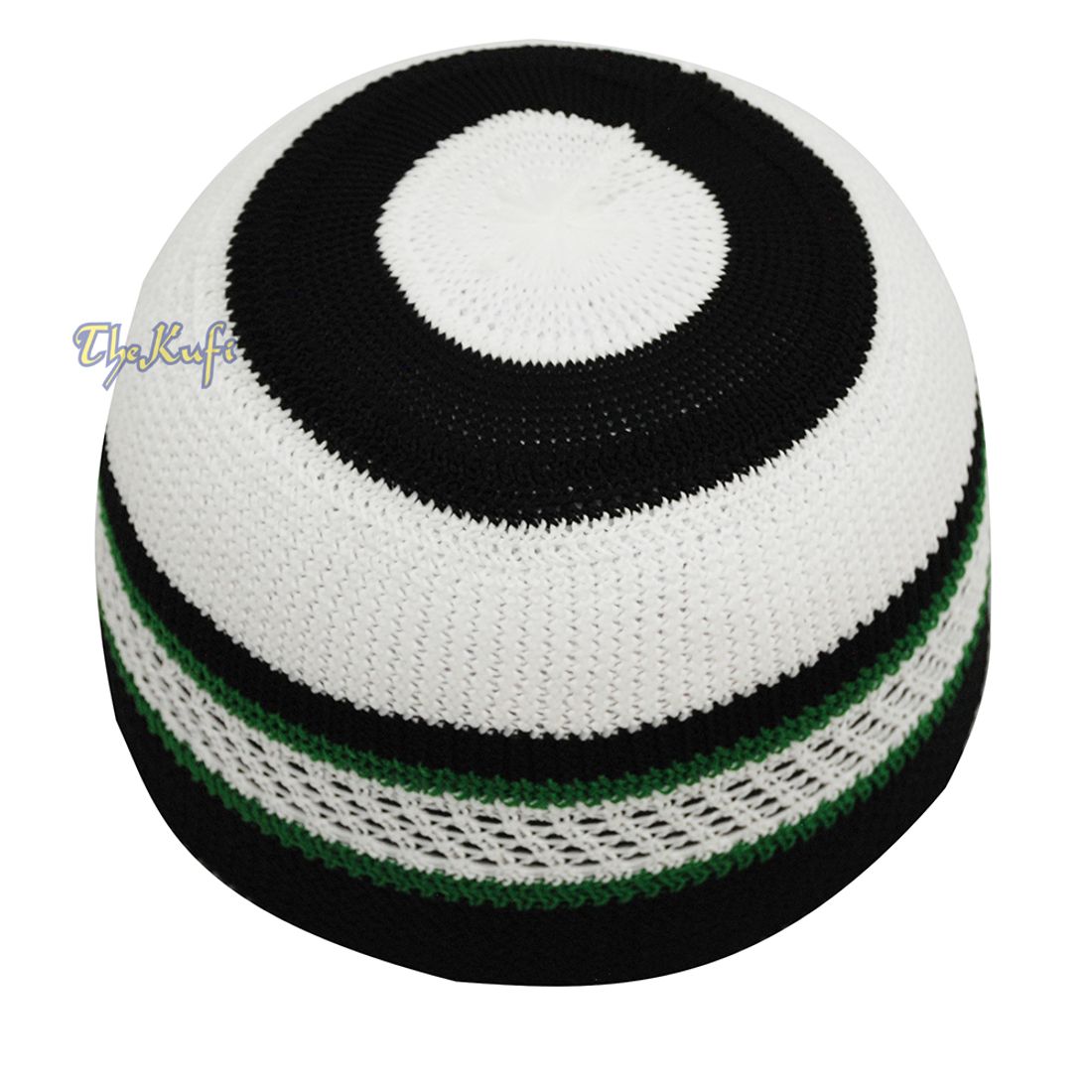 Topi Kufi Melar Nilon Garis-garis Hijau Hitam Putih Topi Muslim Topi Tengkorak