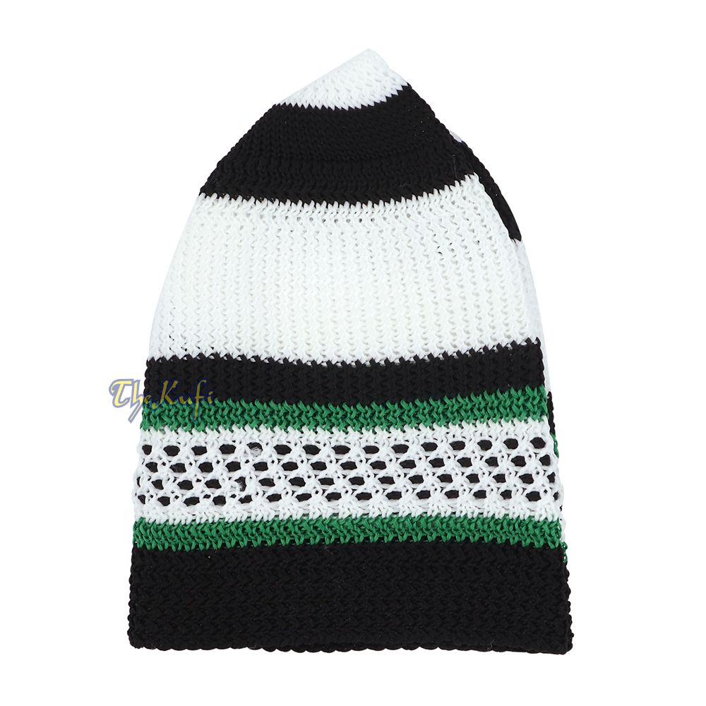 White Black Green Stripes Nylon Stretchy Kufi Cap Skullie Moslem Topi Skull Cap