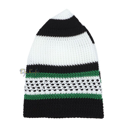 White Black Green Stripes Nylon Stretchy Kufi Cap Skullie Moslem Topi Skull Cap