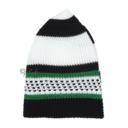 Topi Kufi Melar Nilon Garis-garis Hijau Hitam Putih Topi Muslim Topi Tengkorak