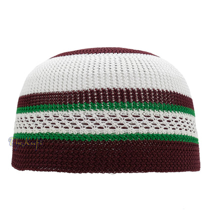 White And Maroon with Green Stripes & Dotted Lines Nylon Stretchy Textured Kufi Hat Skullcap