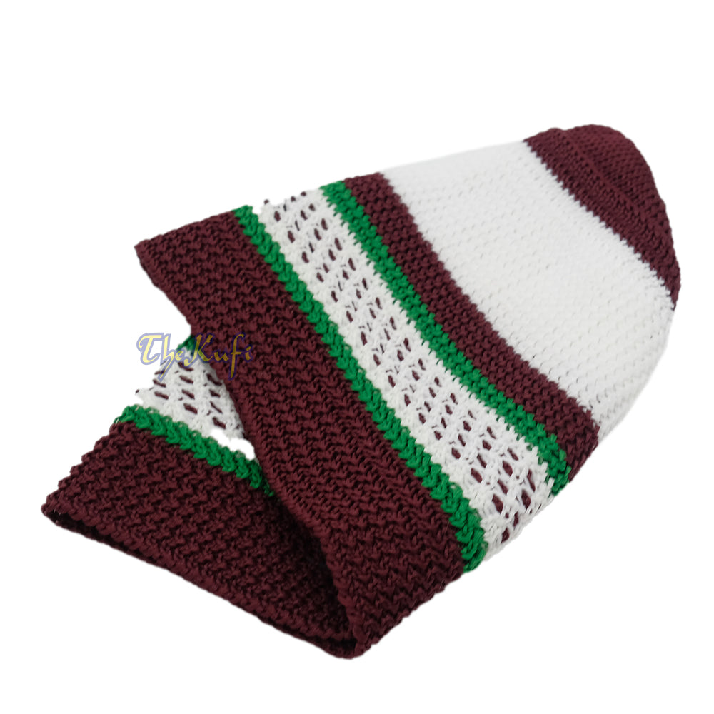 White And Maroon with Green Stripes & Dotted Lines Nylon Stretchy Textured Kufi Hat Skullcap