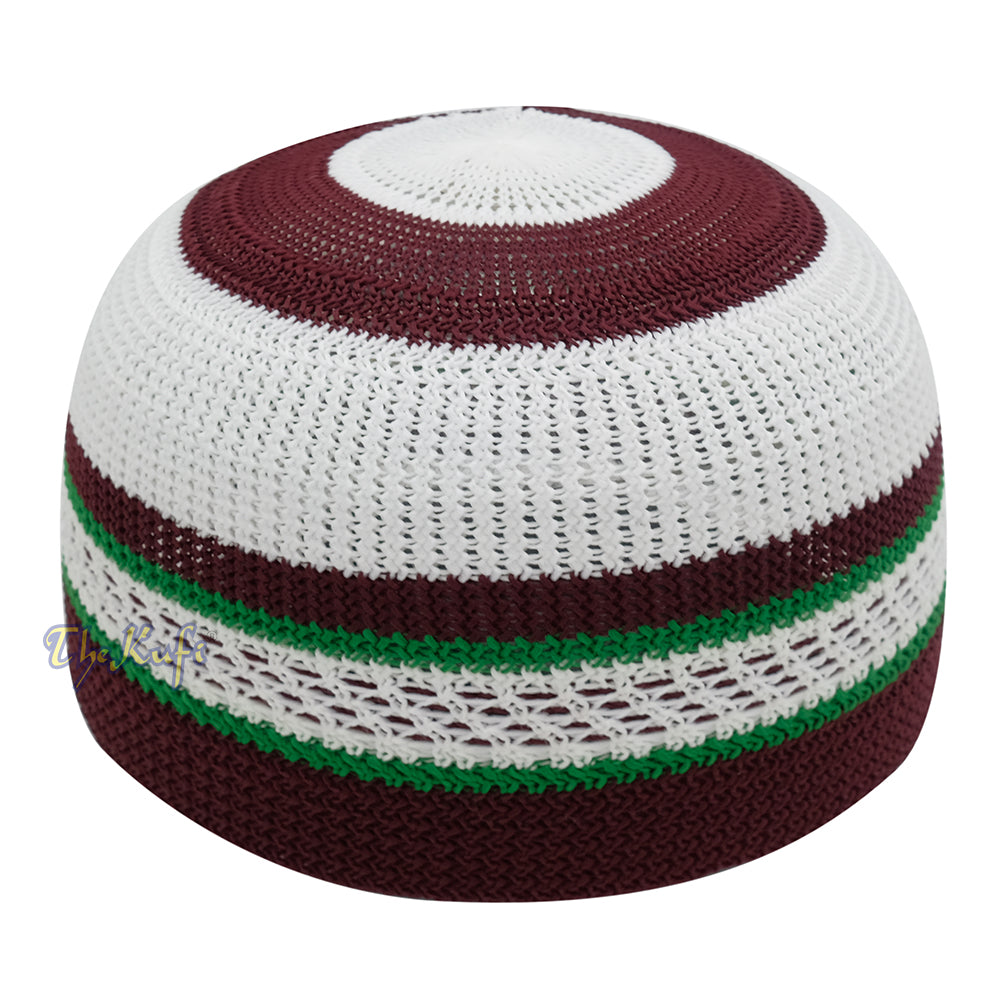 White And Maroon with Green Stripes & Dotted Lines Nylon Stretchy Textured Kufi Hat Skullcap