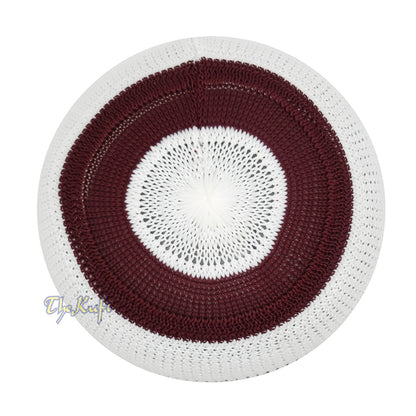 White and Maroon with Green Stripes & Dotted Lines Nylon Stretchy Textured Kufi Hat Skullcap
