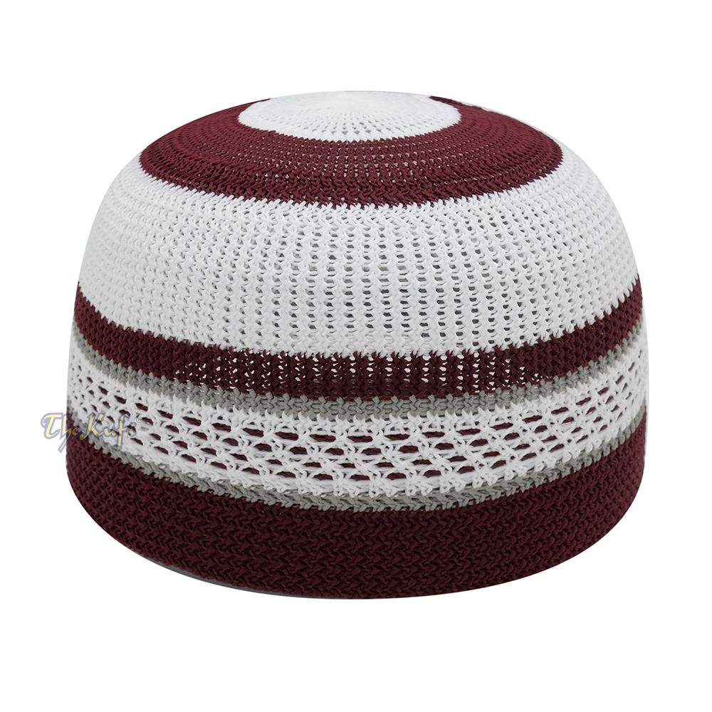 White And Maroon with Grey Stripes & Dotted Lines Nylon Stretchy Textured Kufi Hat Skullcap