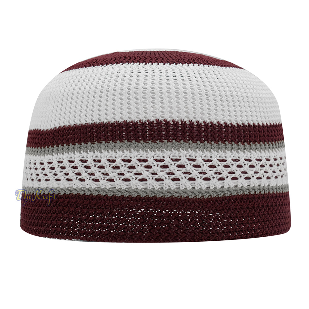 Topi Kufi Bertekstur Elastis Nilon Putih Dan Marun dengan Garis Abu-abu &amp; Garis Putus-putus