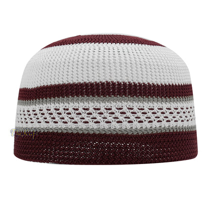 Topi Kufi Bertekstur Elastis Nilon Putih Dan Marun dengan Garis Abu-abu &amp; Garis Putus-putus