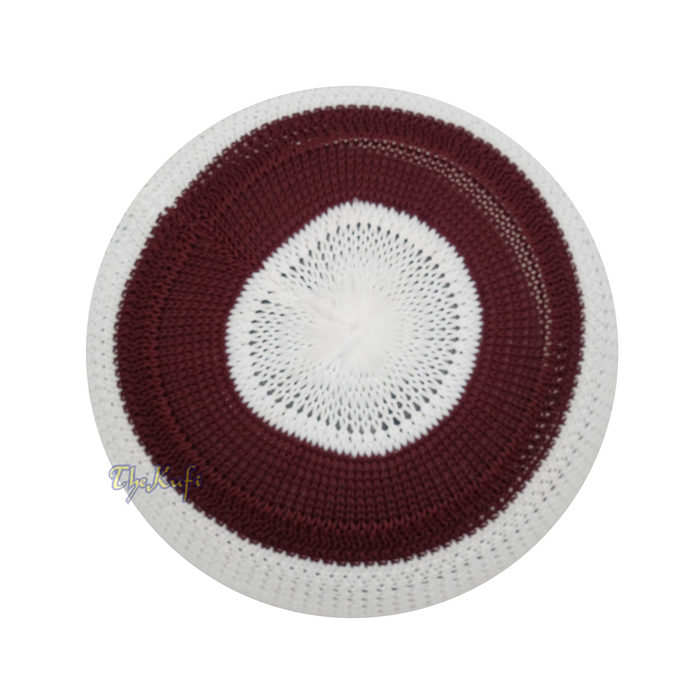 Topi Kufi Bertekstur Elastis Nilon Putih Dan Marun dengan Garis Abu-abu &amp; Garis Putus-putus