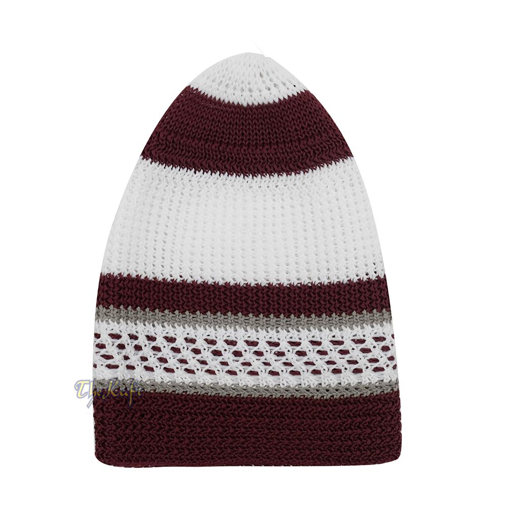 White and Maroon with Gray Stripes & Dotted Lines Nylon Stretchy Textured Kufi Hat Skullcap