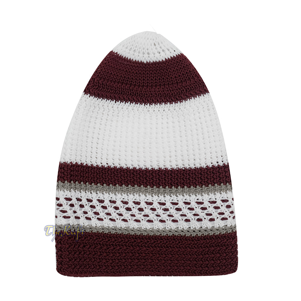 Topi Kufi Bertekstur Elastis Nilon Putih Dan Marun dengan Garis Abu-abu &amp; Garis Putus-putus