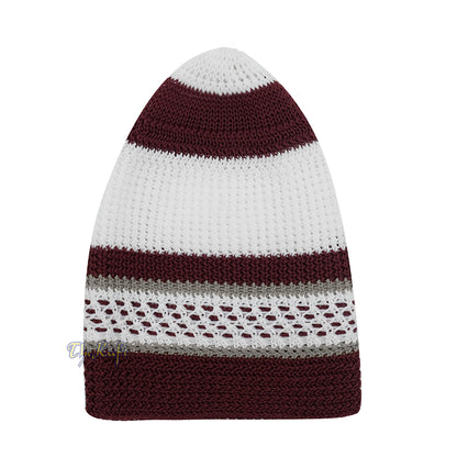 Topi Kufi Bertekstur Elastis Nilon Putih Dan Marun dengan Garis Abu-abu &amp; Garis Putus-putus