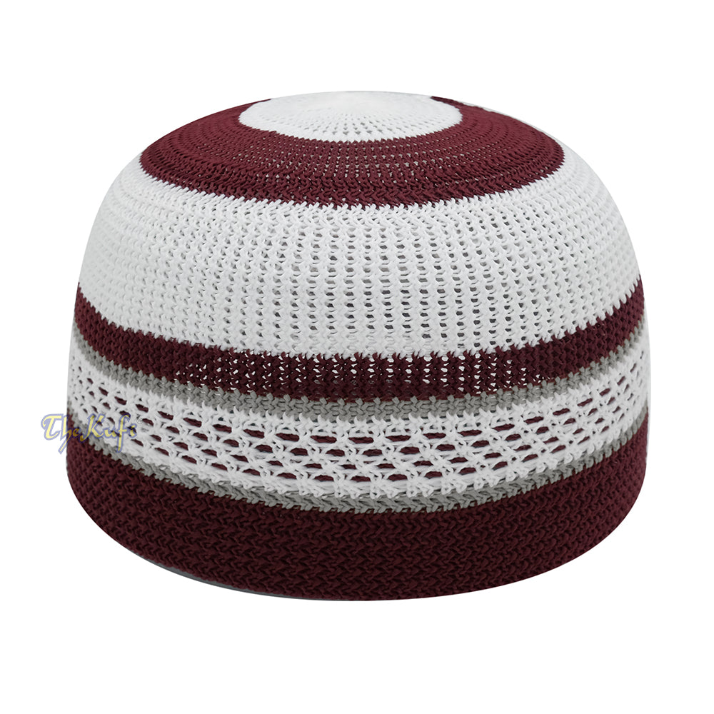 Topi Kufi Bertekstur Elastis Nilon Putih Dan Marun dengan Garis Abu-abu &amp; Garis Putus-putus