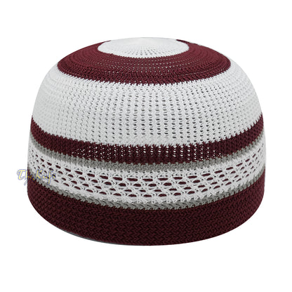 Topi Kufi Bertekstur Elastis Nilon Putih Dan Marun dengan Garis Abu-abu &amp; Garis Putus-putus