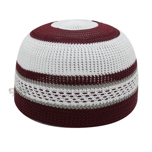 White and Maroon with Gray Stripes & Dotted Lines Nylon Stretchy Textured Kufi Hat Skullcap