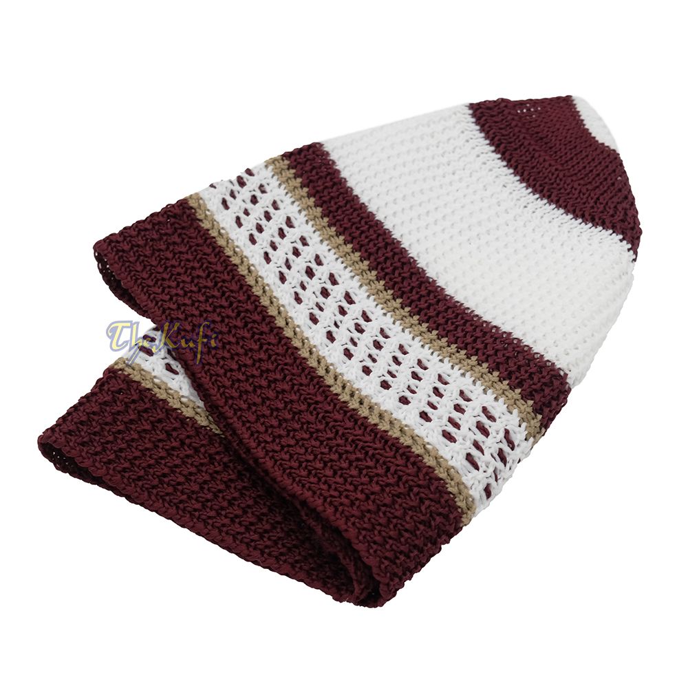 White and Maroon with Khaki Stripes & Dotted Lines Nylon Stretchy Textured Kufi Hat Skullcap